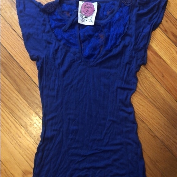 Free People Brand Crochet Lace Blue Tee - Picture 6 of 7